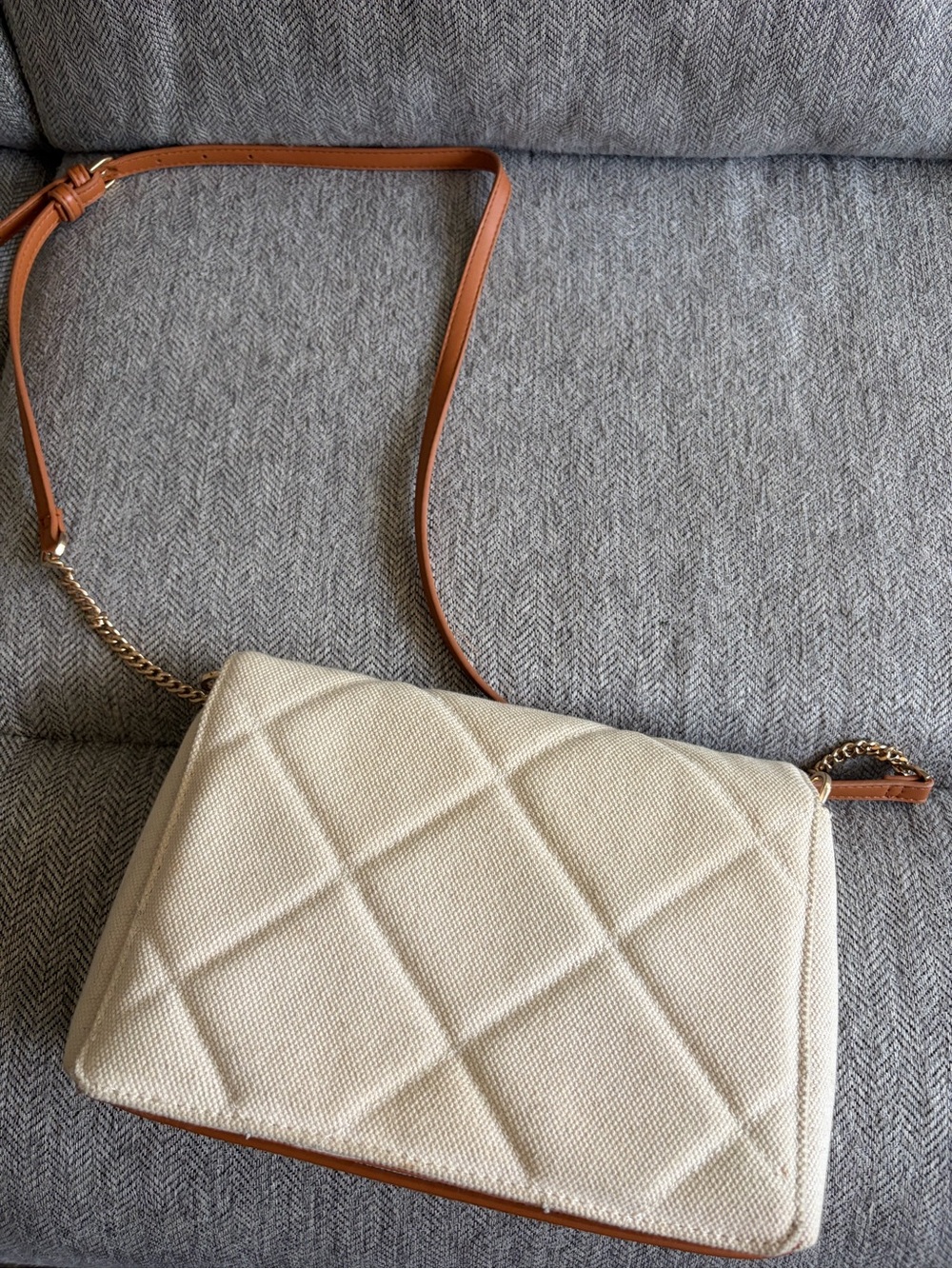 a new day Quilted Cream Crossbody with Tan Strap and Gold Chain